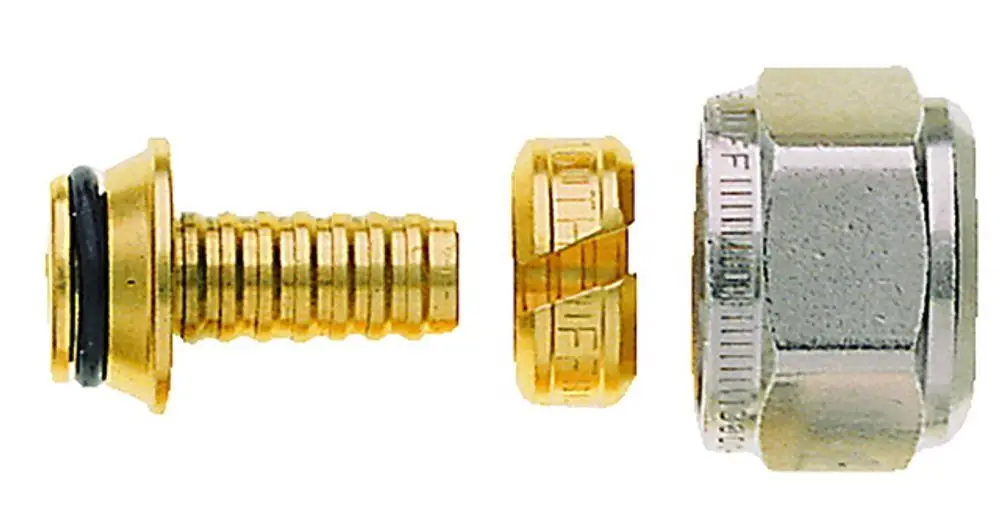 Klemmverschraubung aus Metall, bestehend aus einem vernickelten Teil und einem Zylinder, zur Verbindung von Kunststoffrohren, hergestellt von IMI Hydronic Engineering.
